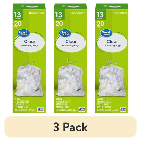 (3 pack) Great Value 13-Gallon Clear Drawstring Tall Kitchen Bags, 20 Bags