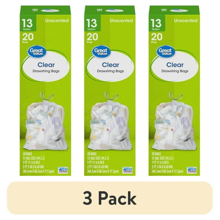 (3 pack) Great Value 13-Gallon Clear Drawstring Tall Kitchen Bags, 20 Bags