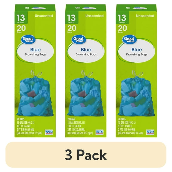 (3 pack) Great Value 13-Gallon Drawstring Tall Kitchen Bags, 20 Bags