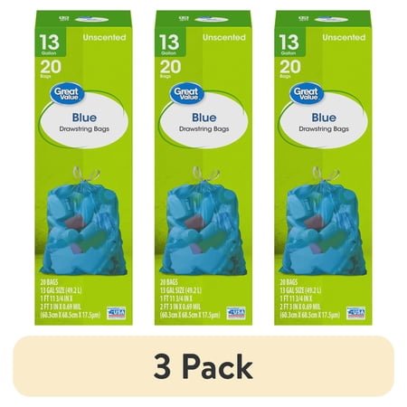 (3 pack) Great Value Blue Unscented 13 gal Drawstring Tall Kitchen Recycling Bags, 20 Count