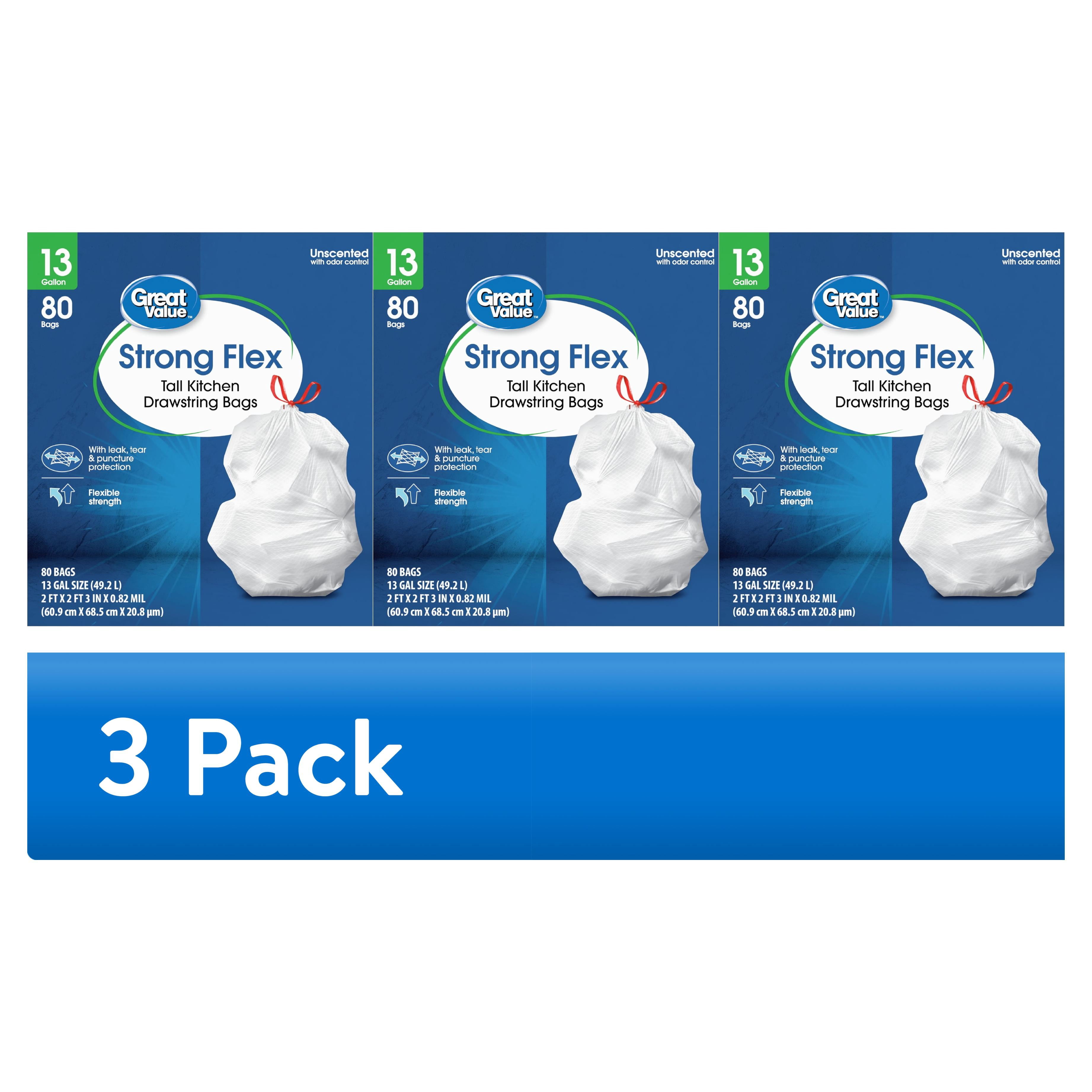 (3 pack) Great Value 13 gal Strong Flex Tall Kitchen Drawstring Garbage Bags, 80 Bags