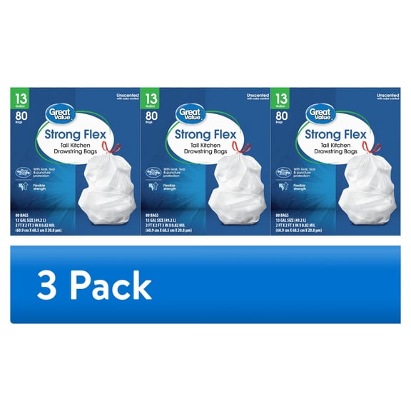 (3 pack) Great Value 13 gal Strong Flex Tall Kitchen Drawstring Garbage Bags, 80 Bags