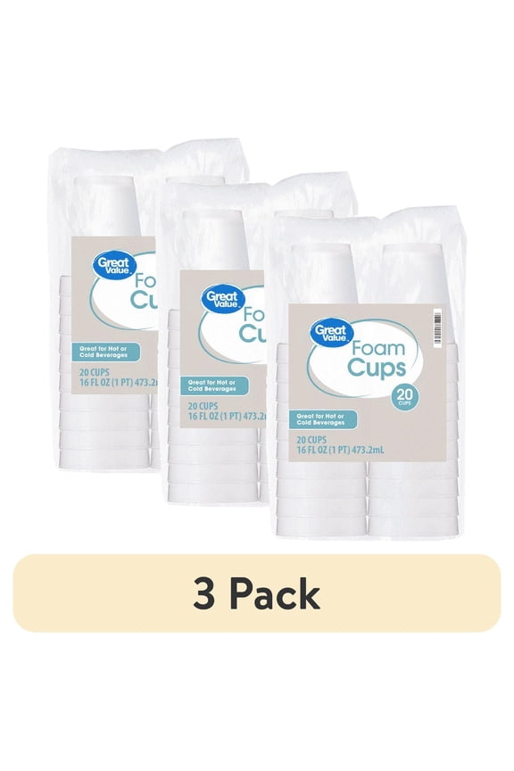 (3 pack) Great Value 16 oz Foam Cups, 20 count