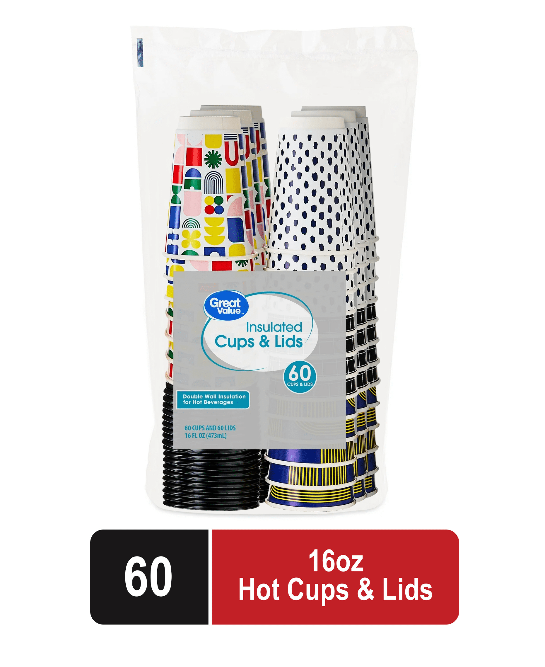 (3 pack) Great Value 16 oz Insulated Hot Cups with Lids, 20 Count