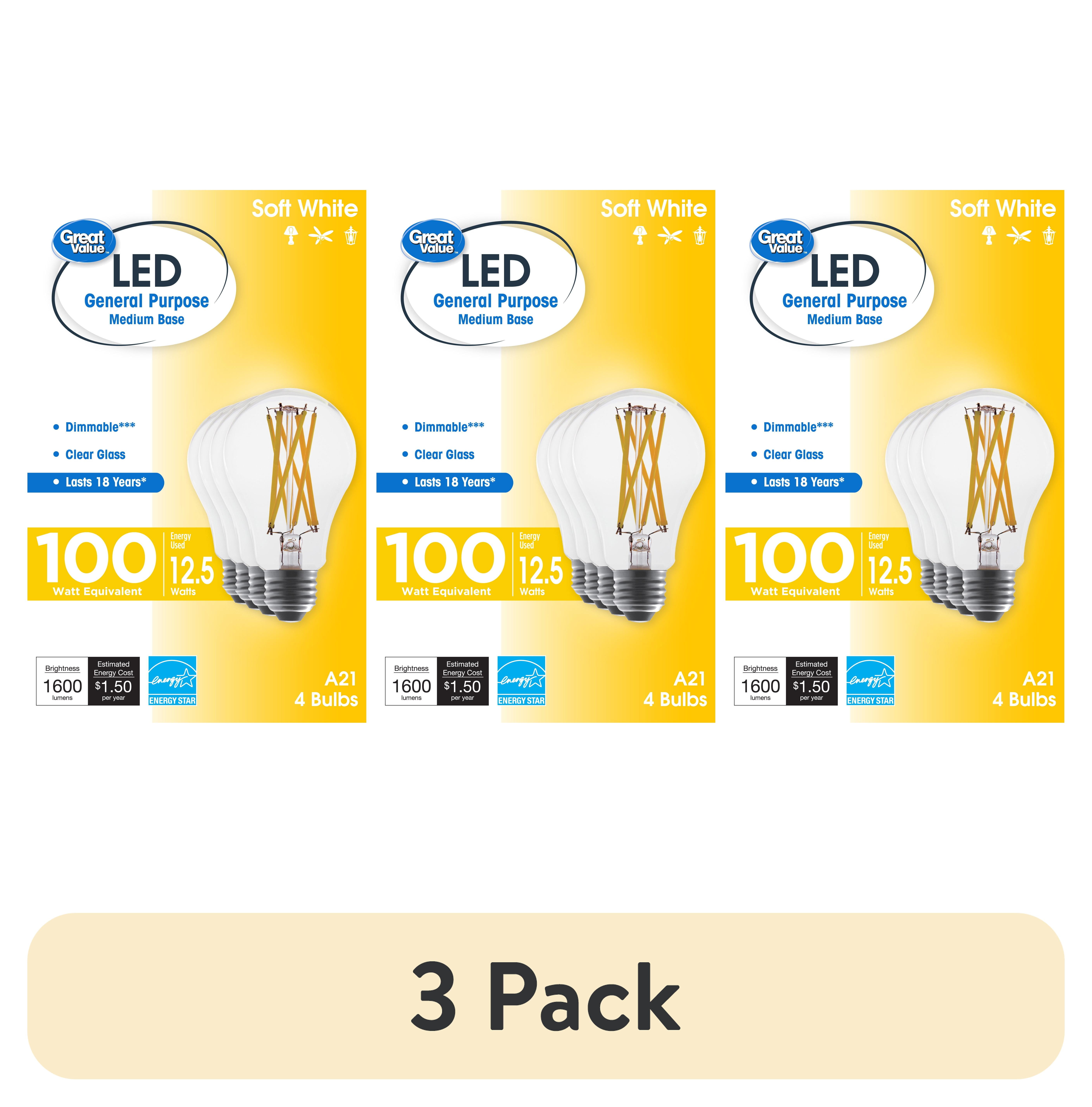 (3 pack) Great Value 18 Year LED Light Bulbs, A21 100 Watts Eqv, E26, Dim, Soft White, Clear Glass, 4 Pack
