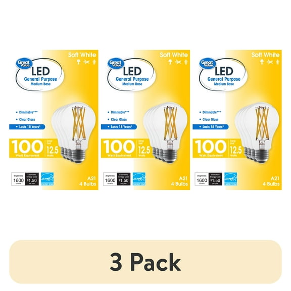 (3 pack) Great Value 18 Year LED Light Bulbs, A21 100 Watts Eqv, E26, Dim, Soft White, Clear Glass, 4 Pack