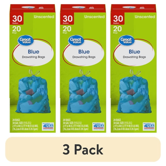 (3 pack) Great Value 30-Gallon Blue Drawstring Large Bags, Unscented, 20 Bags