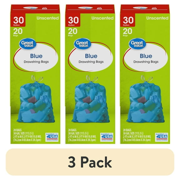 (3 pack) Great Value 30-Gallon Blue Drawstring Large Bags, Unscented, 20 Bags