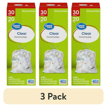 (3 pack) Great Value 30-Gallon Clear Drawstring Large Trash Bags, 20 Bags