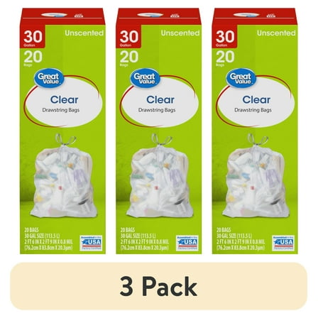 (3 pack) Great Value 30-Gallon Clear Drawstring Large Trash Bags, 20 Bags