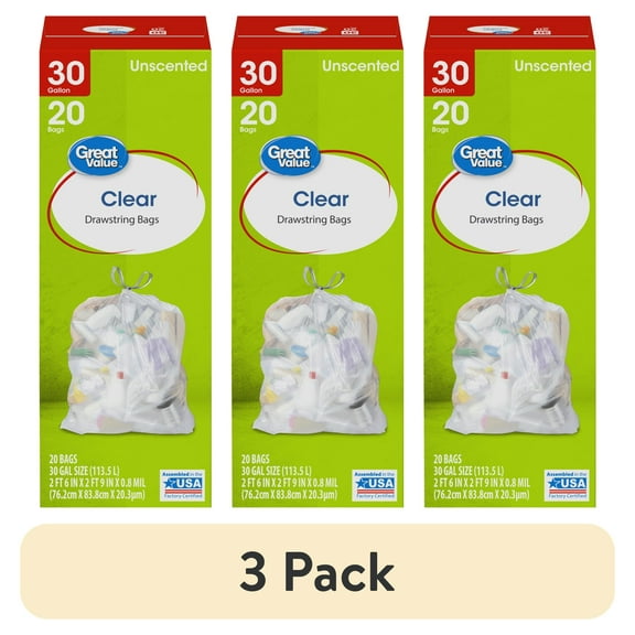 (3 pack) Great Value 30-Gallon Clear Drawstring Large Trash Bags, 20 Bags
