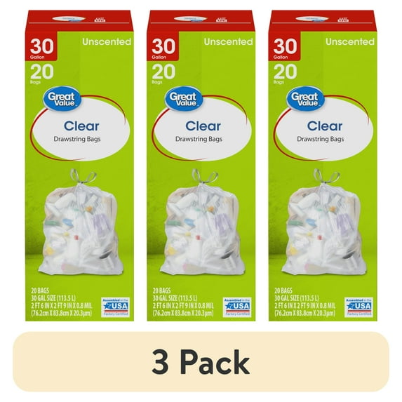 (3 pack) Great Value 30-Gallon Clear Drawstring Large Trash Bags, 20 Bags