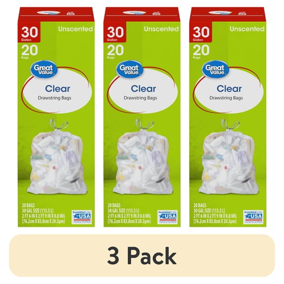 (3 pack) Great Value 30-Gallon Clear Drawstring Large Trash Bags, 20 Bags