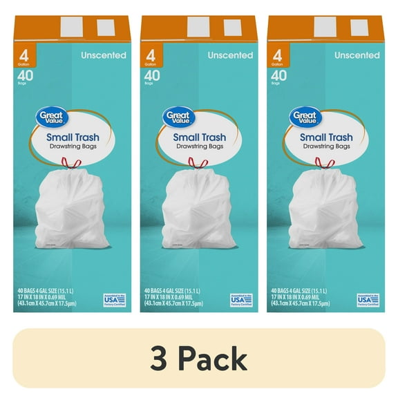 (3 pack) Great Value 4-Gallon Small Drawstring Trash Bags, 40 Bags