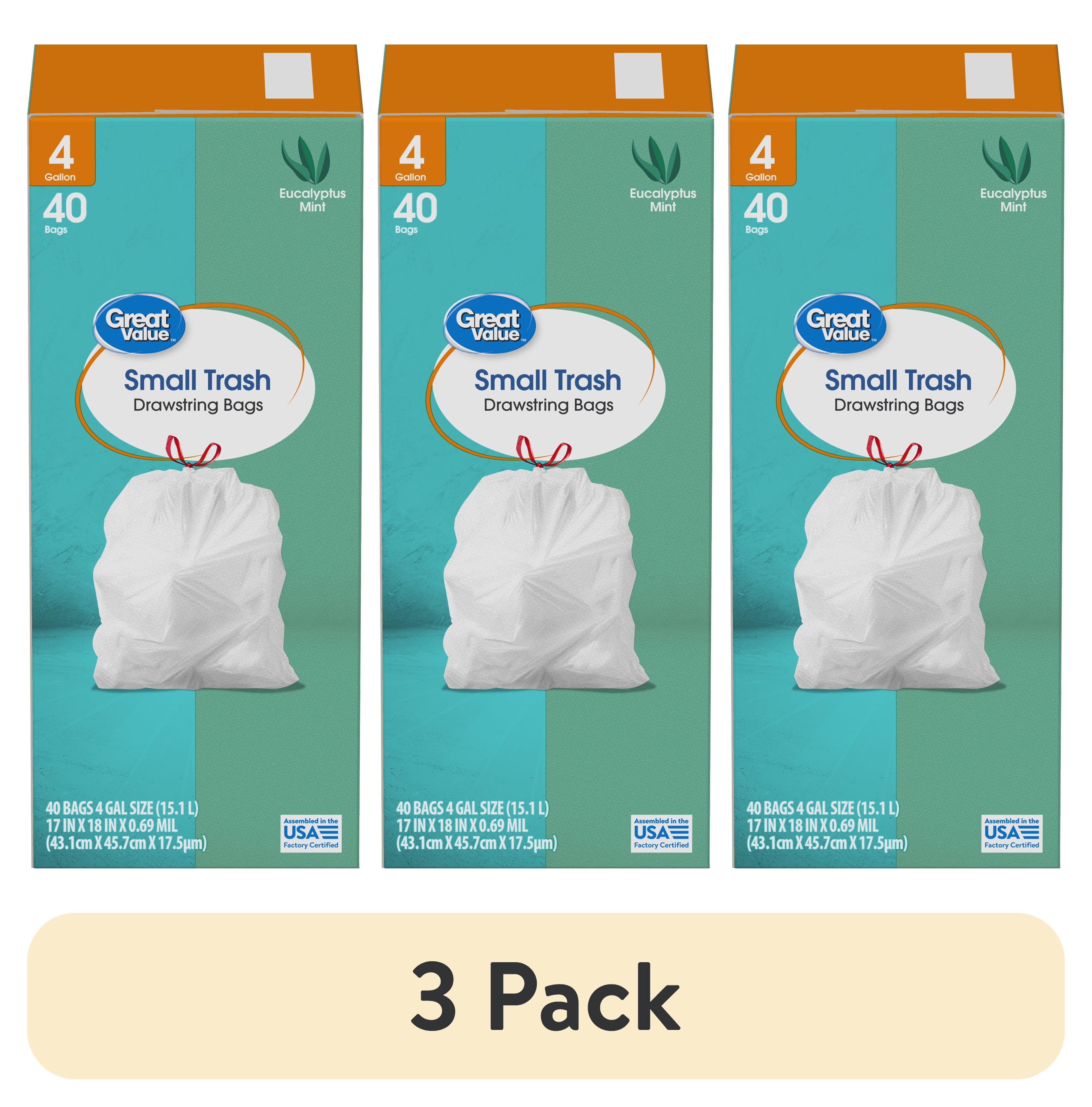 (3 pack) Great Value 4-Gallon Small Drawstring Trash Bags, Eucalyptus Mint Scent, 40 Bags