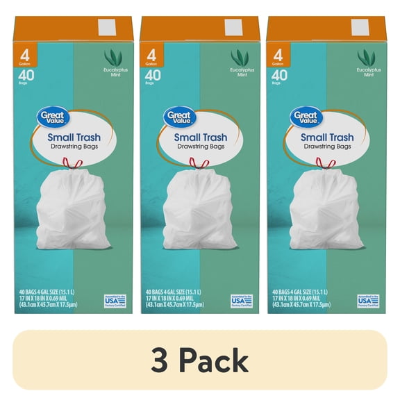 (3 pack) Great Value 4-Gallon Small Drawstring Trash Bags, Eucalyptus Mint Scent, 40 Bags