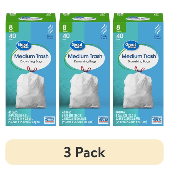 (3 pack) Great Value 8-Gallon Drawstring Medium Trash Bags, Fresh Scent, 40 Bags