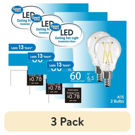 (3 pack) Great Value A15 LED Ceiling Fan Bulb, 6.5 Watts (60W Equivalent) Daylight Dimmable E12 Base (2 Pack)