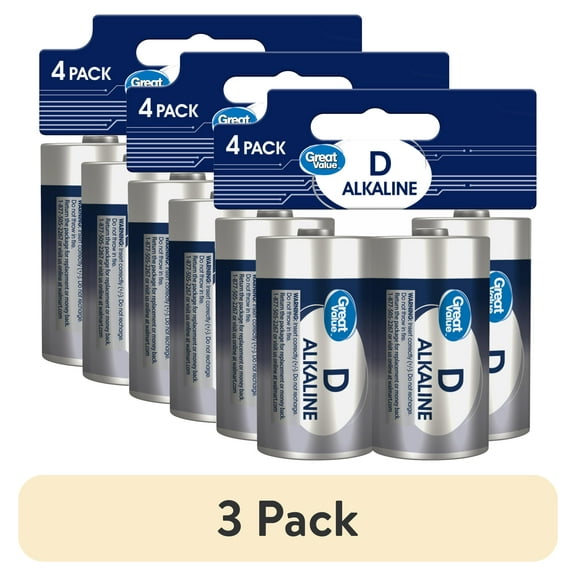 (3 pack) Great Value Alkaline D Batteries, 4 Count