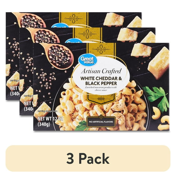 (3 pack) Great Value Artisan Crafted White Cheddar & Black Pepper Macaroni and Cheese, 12 oz (Shelf Stable)