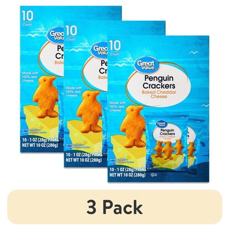 (3 pack) Great Value Baked Cheddar Cheese Penguin Crackers, 1 oz, 10 Count