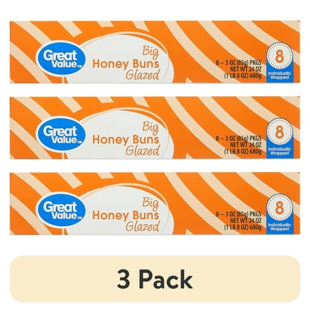 (3 pack) Great Value Big Glazed Honey Buns, 24 oz, 8 Count