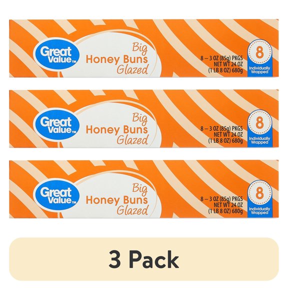 (3 pack) Great Value Big Glazed Honey Buns, 24 oz, 8 Count