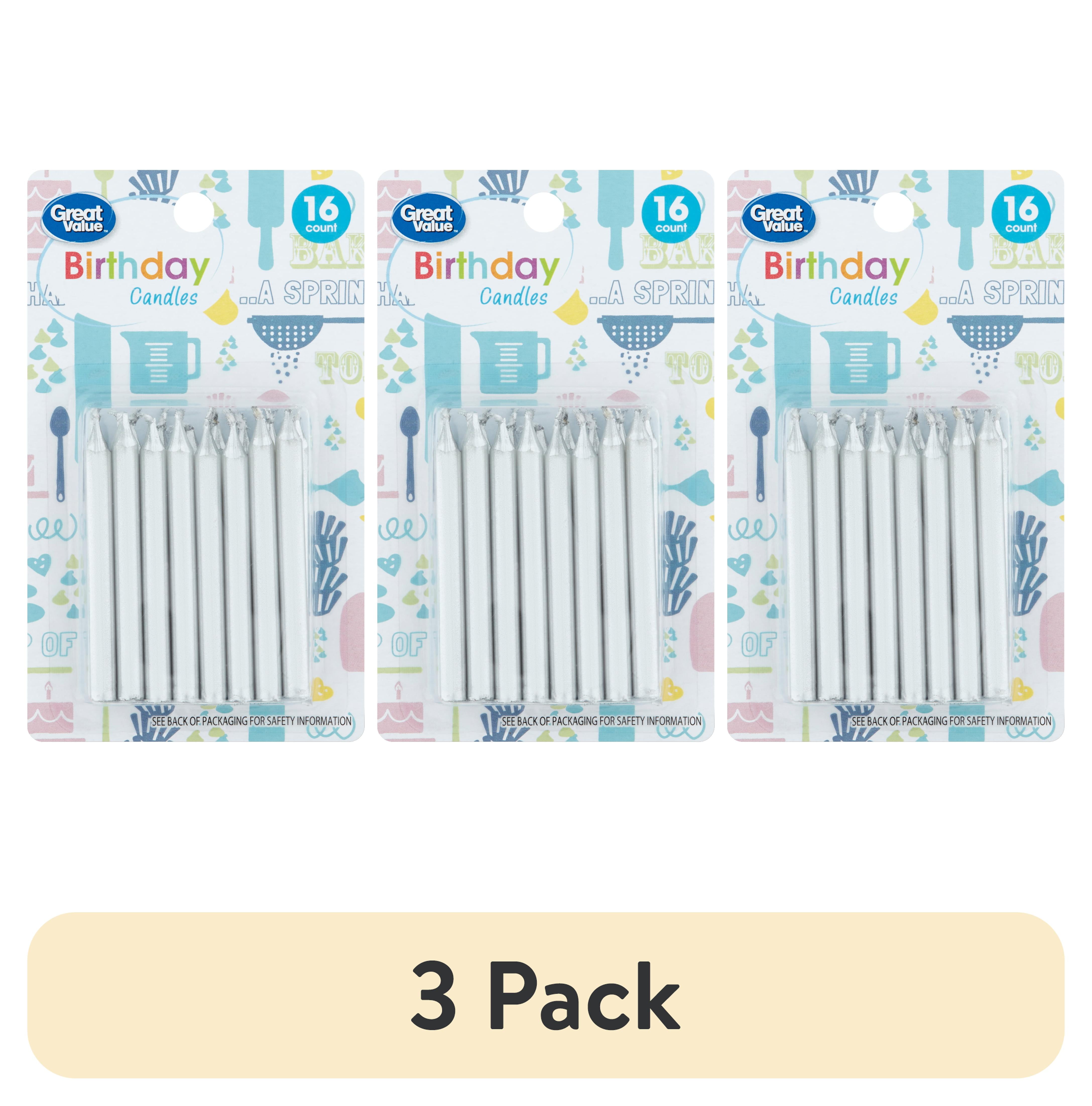 (3 pack) Great Value Birthday Candles, Silver, 16 Count