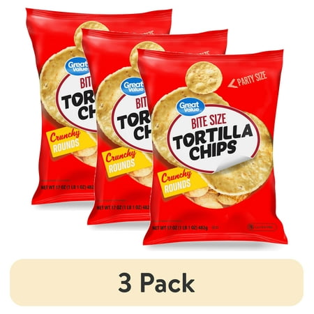 (3 pack) Great Value Bite Size Crunchy Rounds Tortilla Chips, Party Size, 17 oz Bag