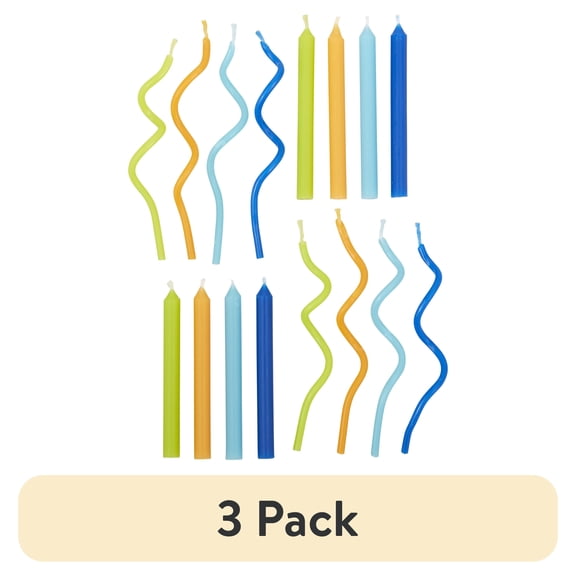 (3 pack) Great Value Bright Straight & Wavy Birthday Candles, Assorted Colors, 16 Count