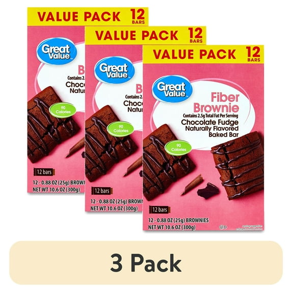 (3 pack) Great Value Chocolate Fudge Fiber Brownie Baked Bars, Value Pack, 0.89 oz, 12 Count