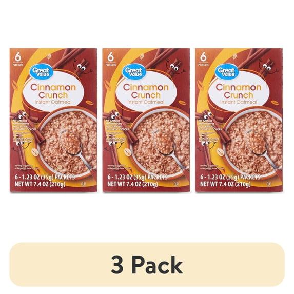 (3 pack) Great Value Cinnamon Crunch Instant Oatmeal, 1.23 oz, 6 Count