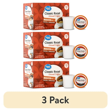 (3 pack) Great Value Classic Roast Ground Coffee Pods, 12 Count