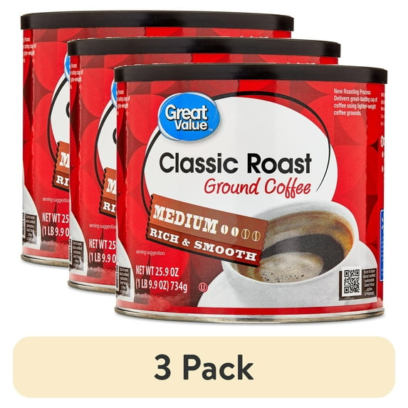 (3 pack) Great Value Classic Roast Ground Naturally Caffeinated Coffee, 25.9 oz Canister