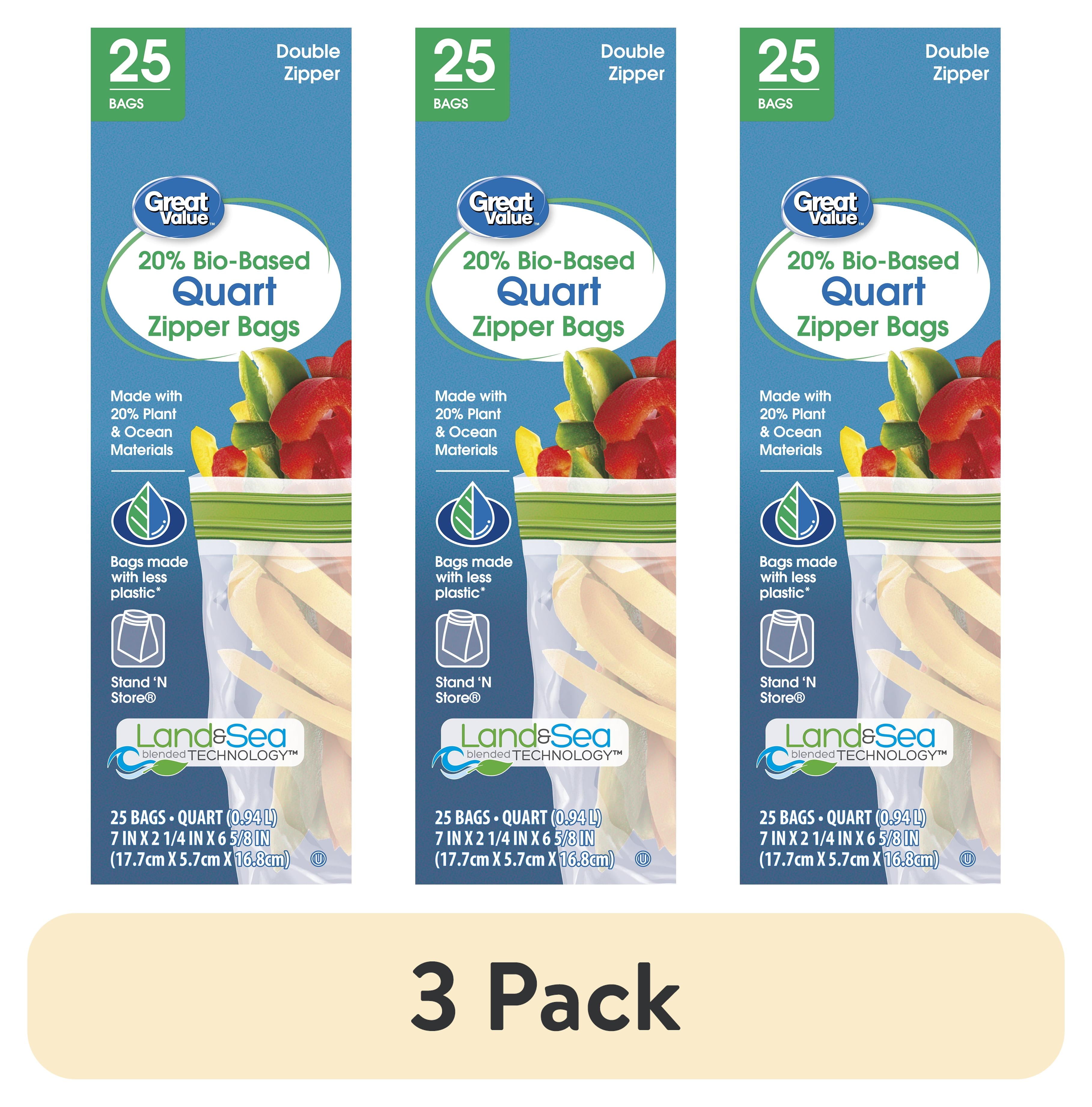 (3 pack) Great Value Clear Reclosable Double Zipper Quart Bags, Made with Bio-Based Materials, 25 Count