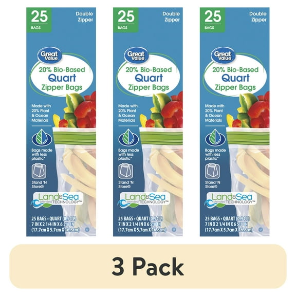 (3 pack) Great Value Clear Reclosable Double Zipper Quart Bags, Made with Bio-Based Materials, 25 Count