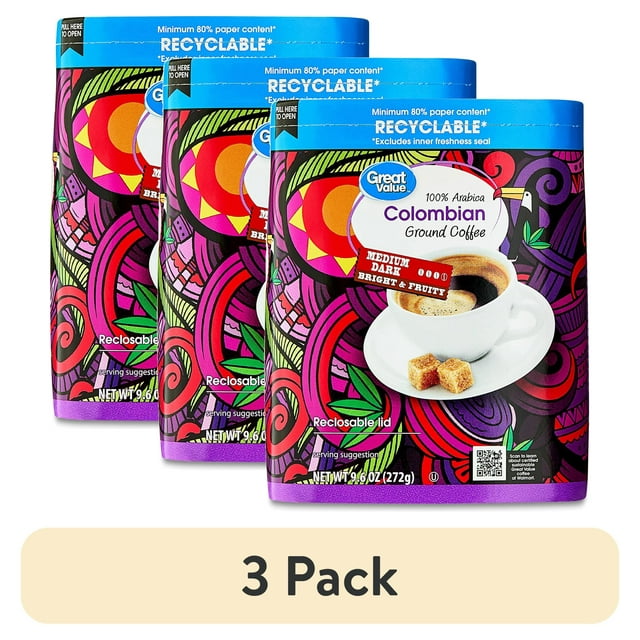 (3 pack) Great Value Colombian Medium Dark Roast Ground Coffee, 9.6 oz
