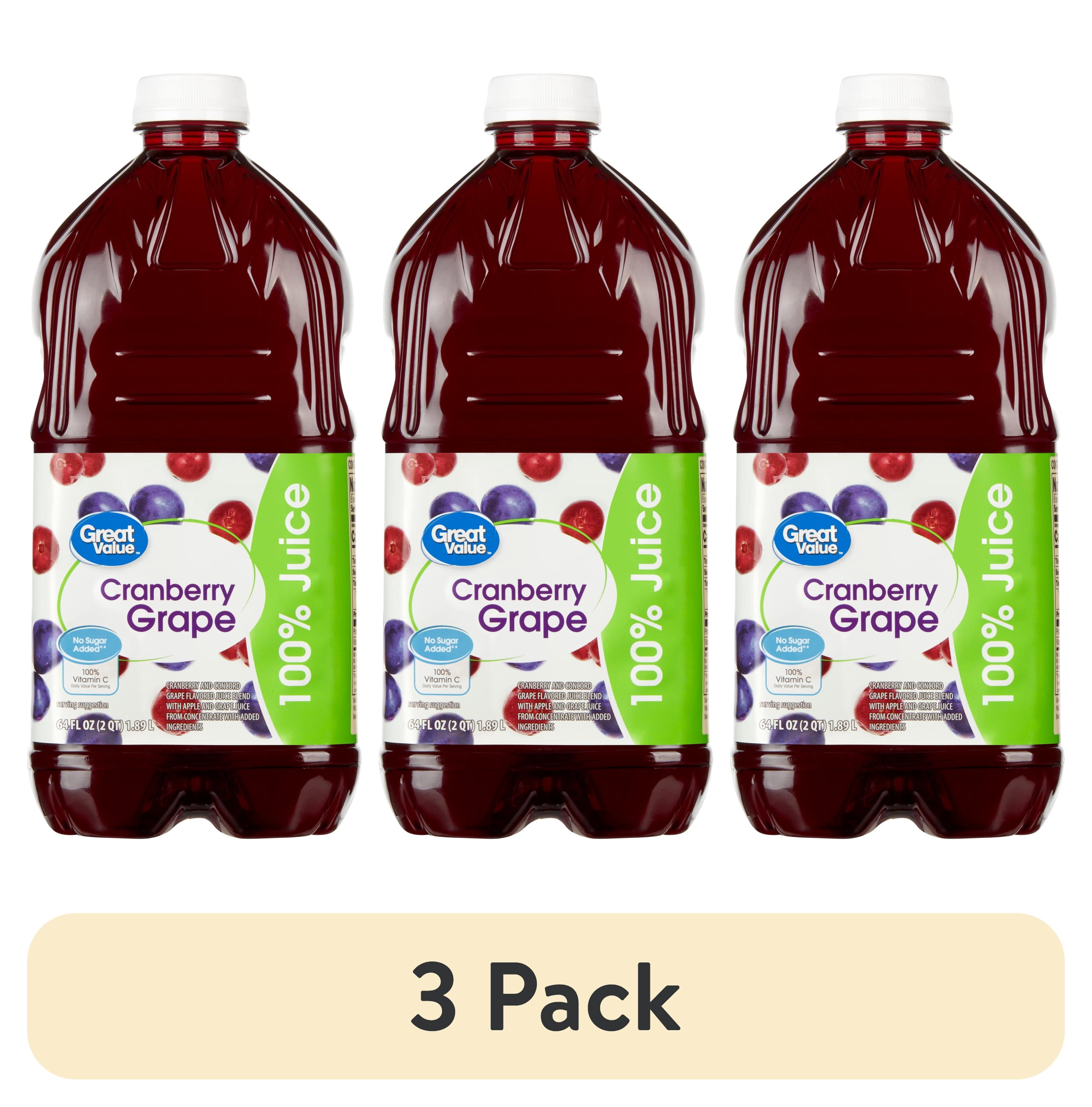 (3 pack) Great Value Cranberry Grape 100% Juice, 64 fl oz