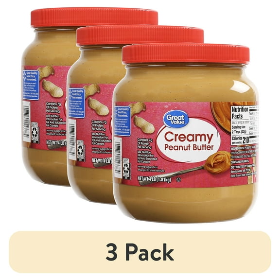 (3 pack) Great Value Creamy Peanut Butter, 64 oz