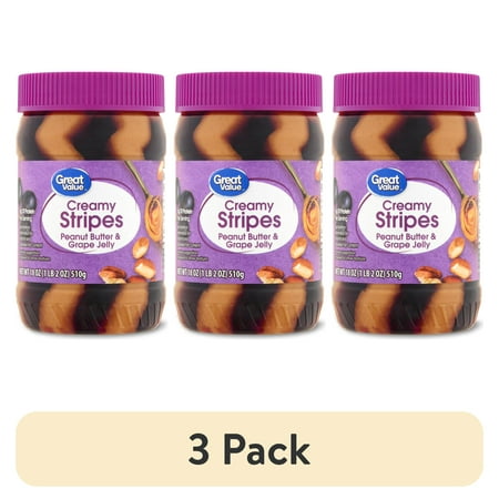 (3 pack) Great Value Creamy Stripes Peanut Butter & Grape Jelly, 18 oz