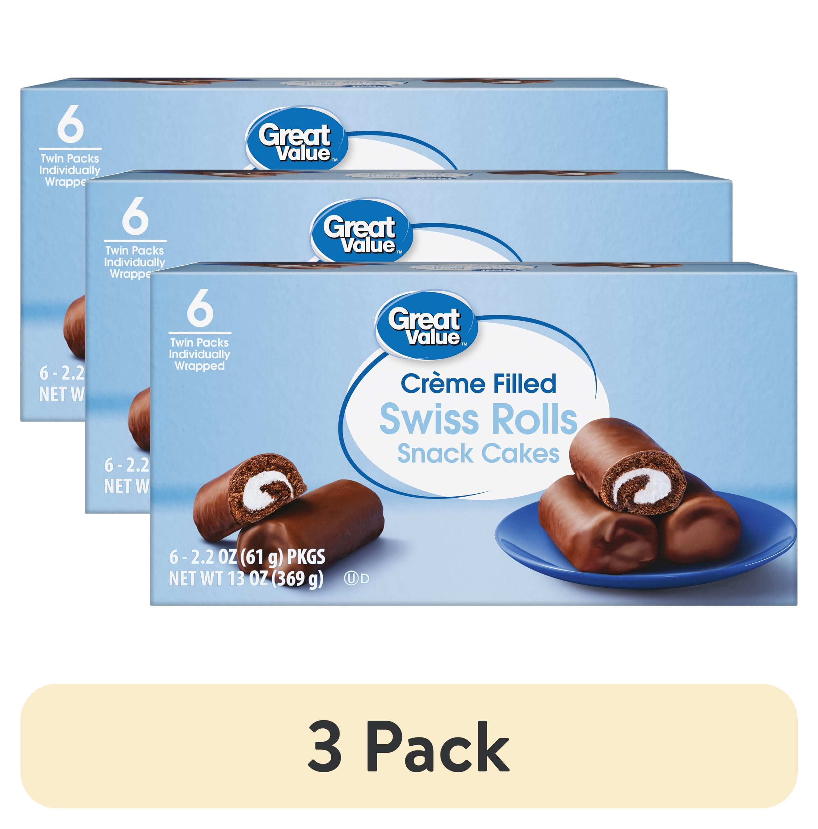 (3 pack) Great Value Creme Filled Swiss Rolls Snack Cakes, 13 oz, 6 Count