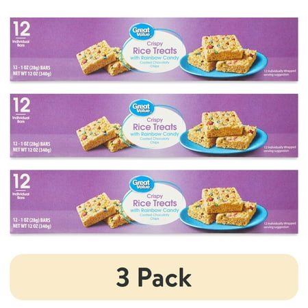 (3 pack) Great Value Crispy Rice Treats with Rainbow Candy Coated Chocolaty Chips, 12 oz, 12 Count