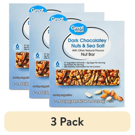 (3 pack) Great Value Dark Chocolatey Nuts & Sea Salt Nut Bars, 1.4 oz, 6 Count