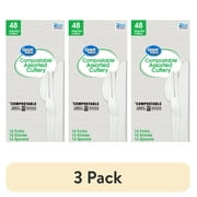 (3 pack) Great Value Disposable Compostable Biopolymer Cutlery, Residential Single Use, White, Set 48 Pack