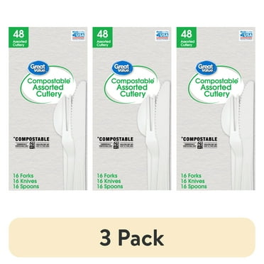 (3 pack) Great Value Disposable Compostable Biopolymer Cutlery, Residential Single Use, White, Set 48 Pack
