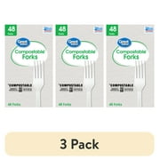 (3 pack) Great Value Disposable Compostable Forks, Residential Single Use, White, 48 Count Pack