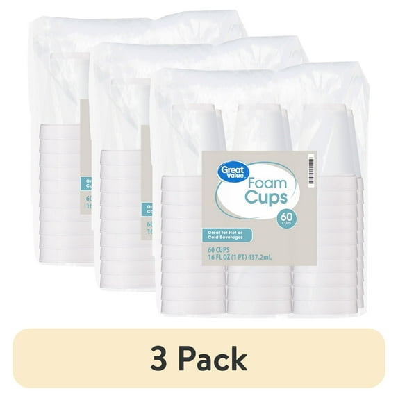 (3 pack) Great Value 16 oz Foam Cups, 60 count