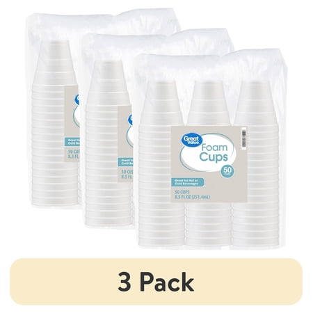 (3 pack) Great Value Disposable Foam Cups, 8 Ounce, 50 Count