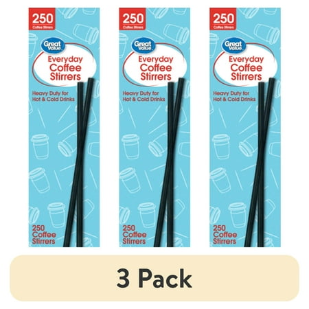 (3 pack) Great Value Disposable Plastic Coffee Stirrers, Black, 250 Count