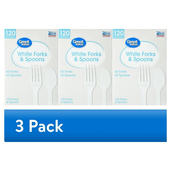 (3 pack) Great Value Disposable Plastic White Forks and Spoons, 120 Count includes 60F/60S